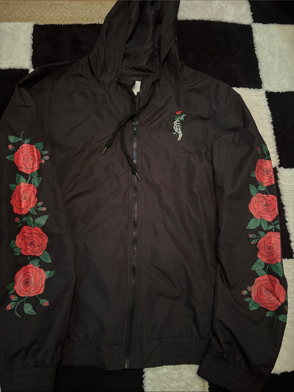 Empyre Black Hooded Bomber Jacket with Red Rose Sleeve Prints